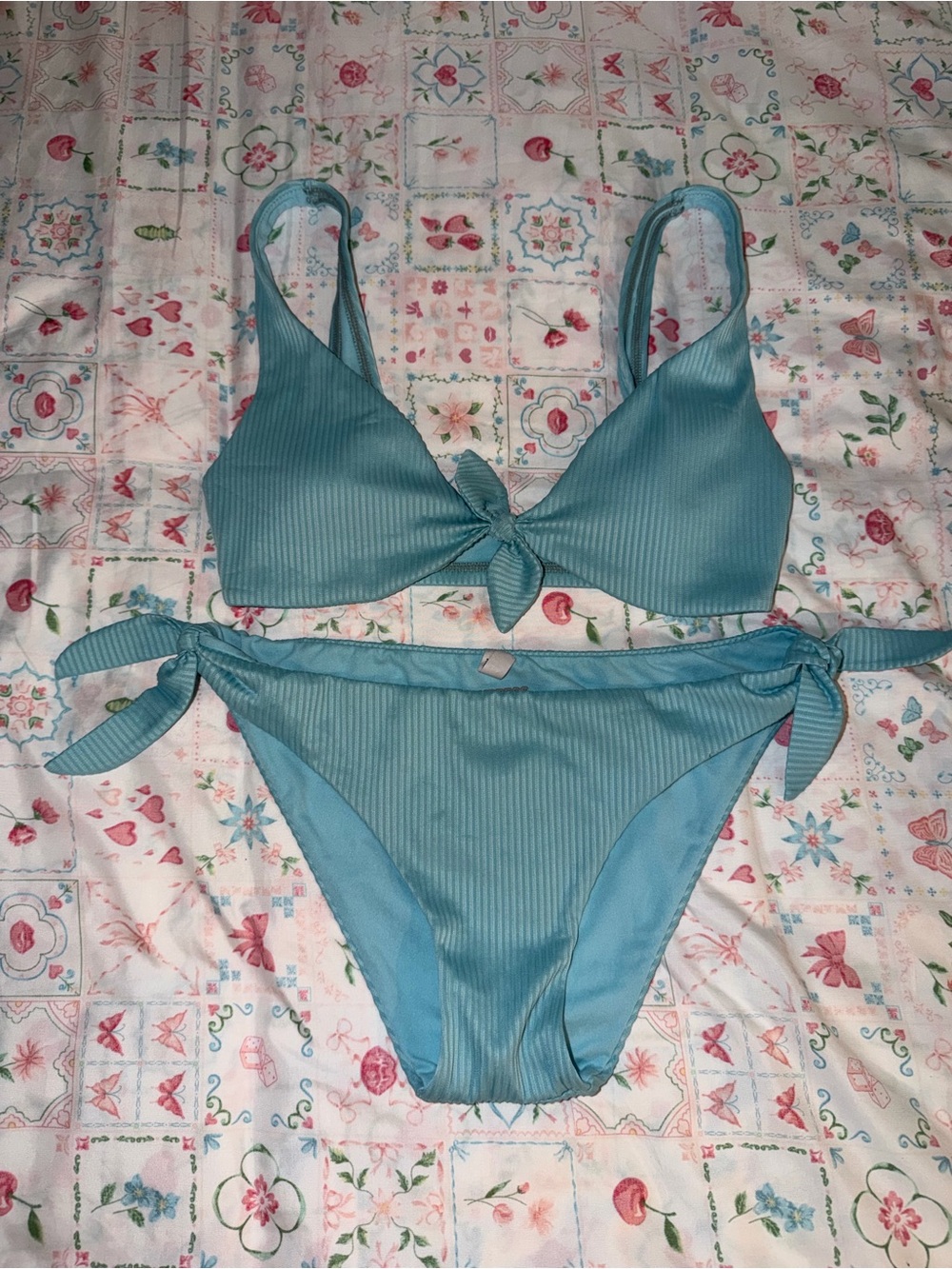 Express Light Blue Ribbed Tie-Front Bikini Set